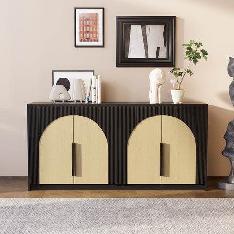 65" Sideboard Buffet Cabinet, Accent Cabinet with Large Storage, Modern Media Console Credenza, Farmhouse Fluted Buffet Table Coffee Bar for Kitchen, Dinning Room, Pantry (Black/Oak)