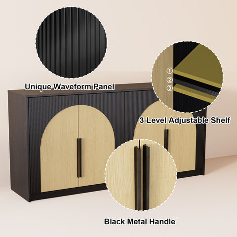 65" Sideboard Buffet Cabinet, Accent Cabinet with Large Storage, Modern Media Console Credenza, Farmhouse Fluted Buffet Table Coffee Bar for Kitchen, Dinning Room, Pantry (Black/Oak)