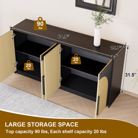 65" Sideboard Buffet Cabinet, Accent Cabinet with Large Storage, Modern Media Console Credenza, Farmhouse Fluted Buffet Table Coffee Bar for Kitchen, Dinning Room, Pantry (Black/Oak)