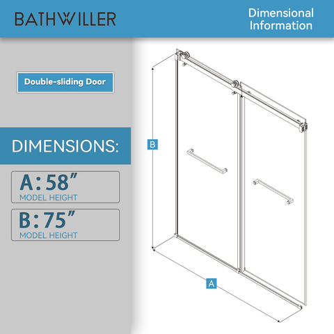 BATHWILLER Glass Shower Door Frameless: 50"-58" W x 75" H Waterproof Glass Shower Door 5/16" (8mm) Clear Tempered Glass, Dual Sliding Doors, Stainless Steel Hardware, Chrome Finish