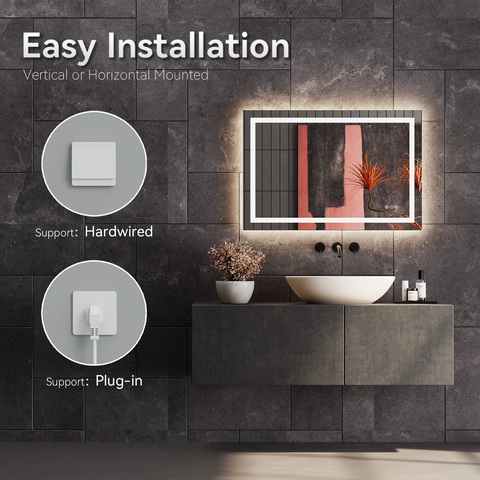 LED Bathroom Mirror Black Frame: 24"x36" Wall Vanity Mirrors with lights Front and Backlit, Lighted Mirrors with Smart Anti-Fog, 3 Colors Dimmable, HD Glass, ETL Listed, Matte Black