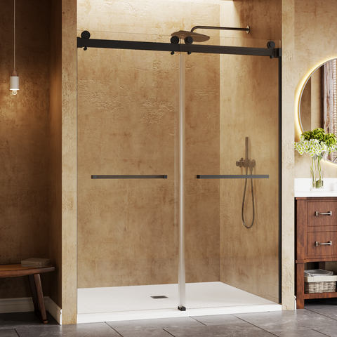 BATHWILLER Glass Shower Door Frameless: 40"-44" W x 76" H Waterproof Glass Shower Door 5/16" (8mm) Clear Tempered Glass, Dual Sliding Doors, Stainless Steel Hardware, Matte Black
