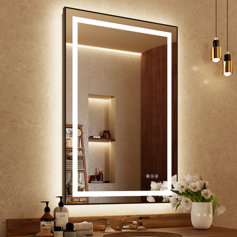 LED Bathroom Mirror Black Frame: 24"x36" Wall Vanity Mirrors with lights Front and Backlit, Lighted Mirrors with Smart Anti-Fog, 3 Colors Dimmable, HD Glass, ETL Listed, Matte Black
