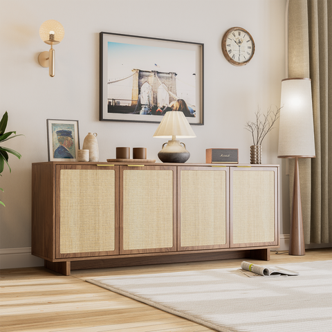 TV Stand for Living Room, Boho Entertainment Center for Bedroom with Adjustable Shelves, Farmhouse Television Stands with Large Storage, Media Console Table for TVs up to 45 50 55 60 65in